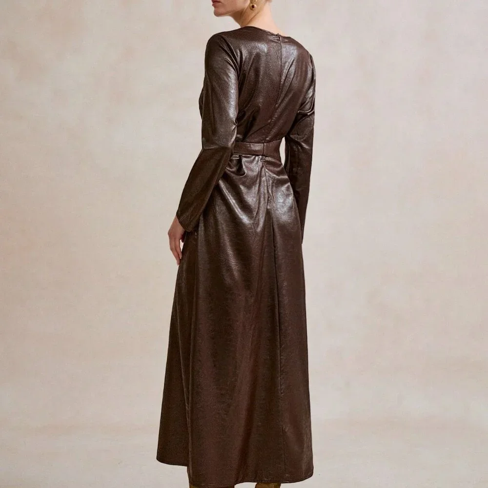 Brown Bohemian Women's Maxi Dress with Round Neck, Cinched Waist, Belt Detail - Picture 2 of 6